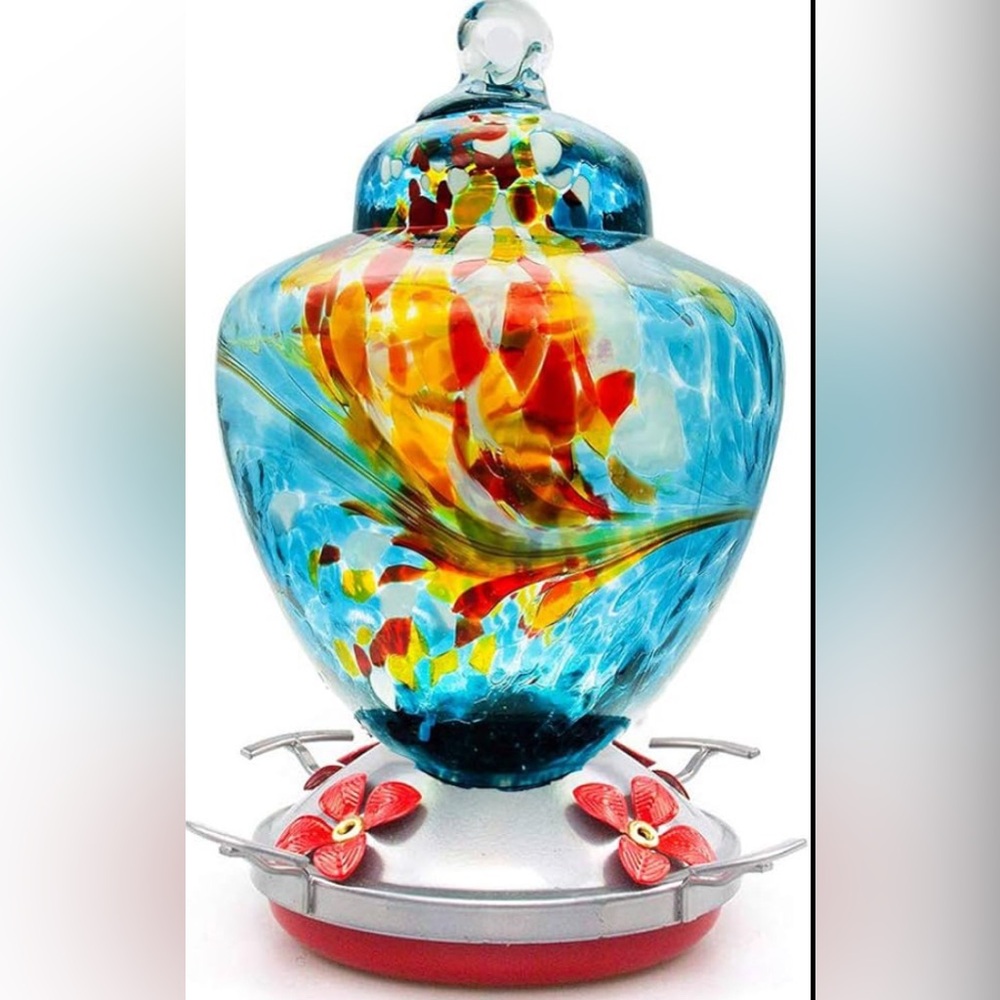 Handcrafted Hummingbird Feeder with Perch - Hand Blown Glass